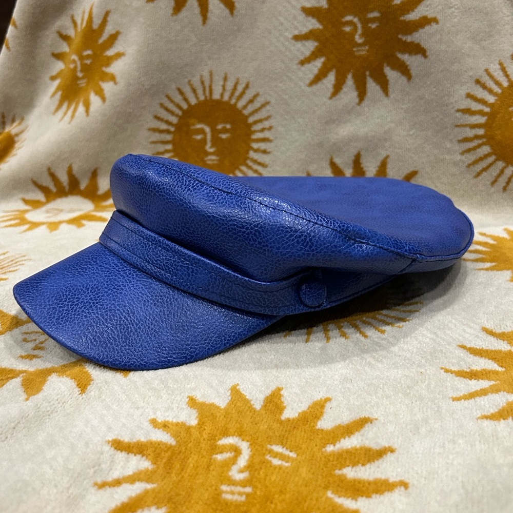 Blue leather cabbie hat